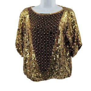 Vintage Black Silk Top Hand Embellished in Gold Beads/Sequins | Tag Size Small